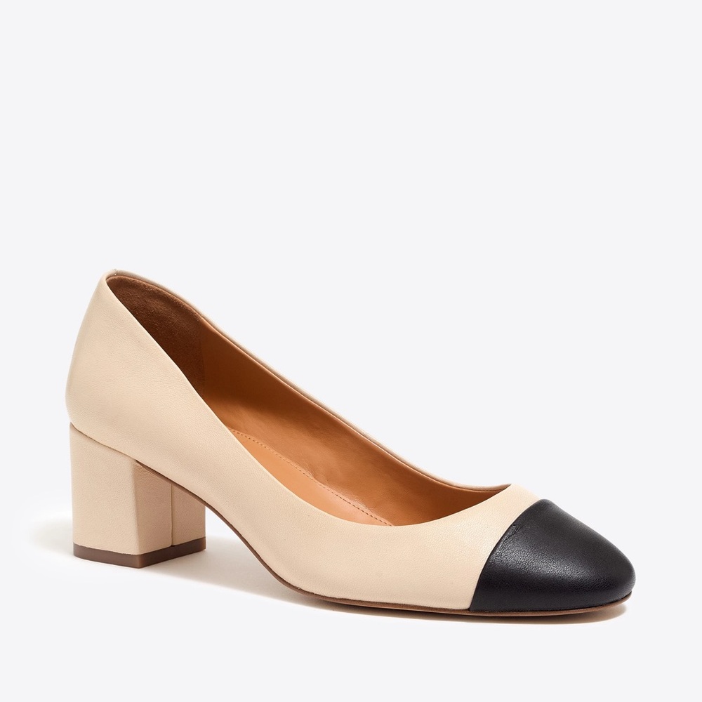 J. Crew Byrn cap toe cream and black leather pumps